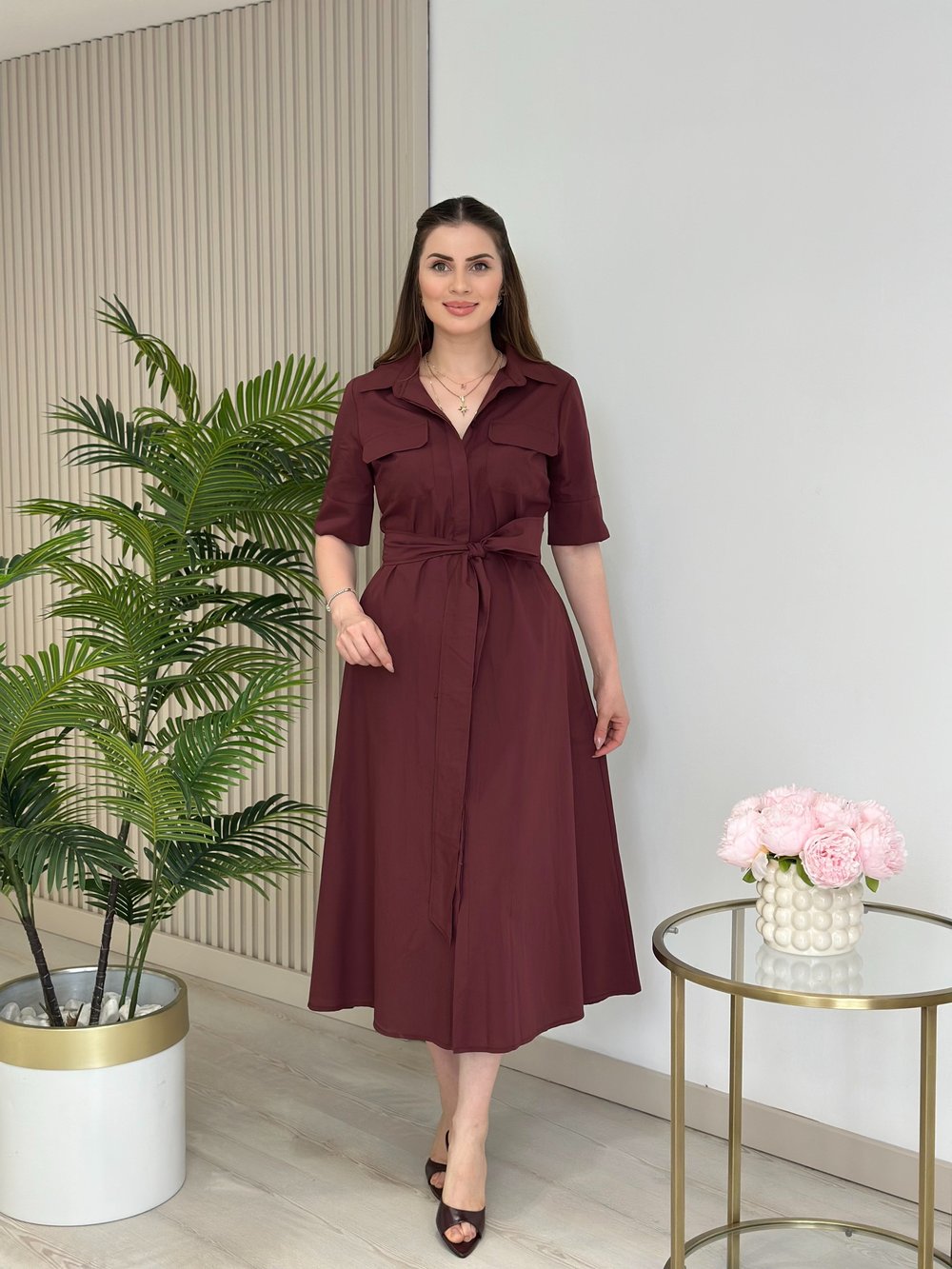 Poplin Kumaş Kuşaklı Gömlek Elbise Bordo