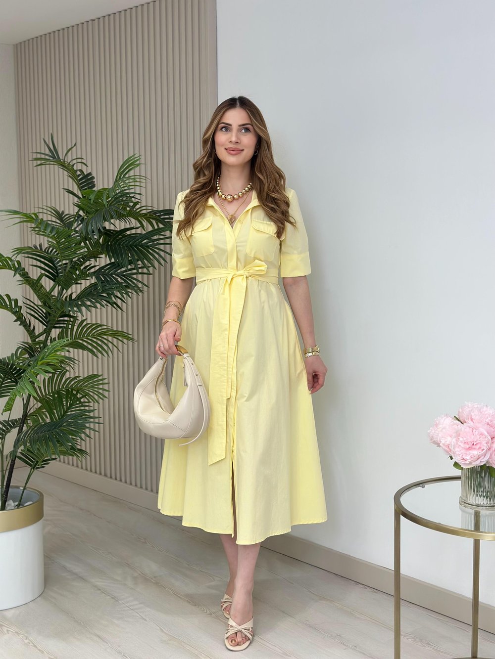 Poplin Kumaş Kuşaklı Gömlek Elbise Sarı