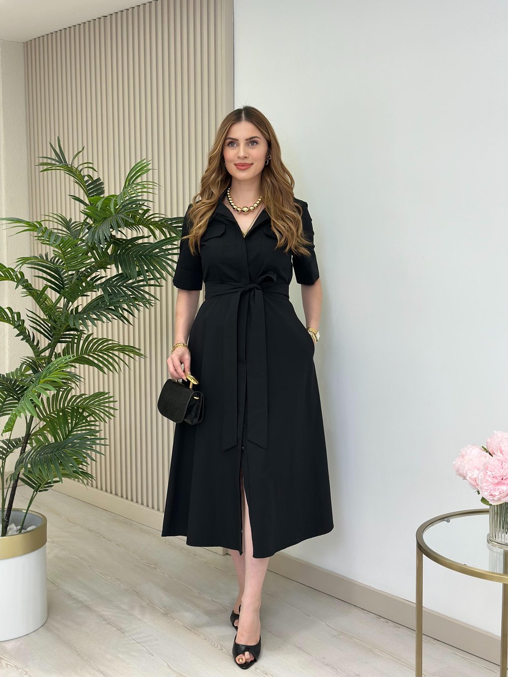 Poplin Kumaş Kuşaklı Gömlek Elbise Siyah