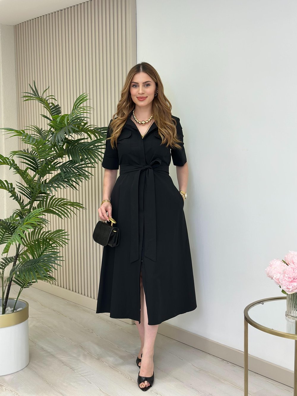 Poplin Kumaş Kuşaklı Gömlek Elbise Siyah
