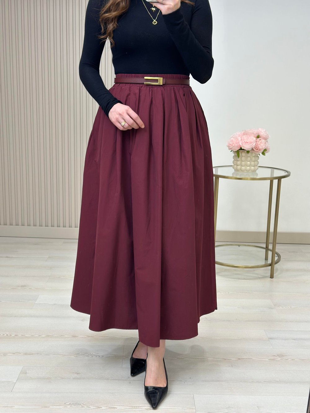 Poplin Kumaş Uzun Cepli Etek Bordo