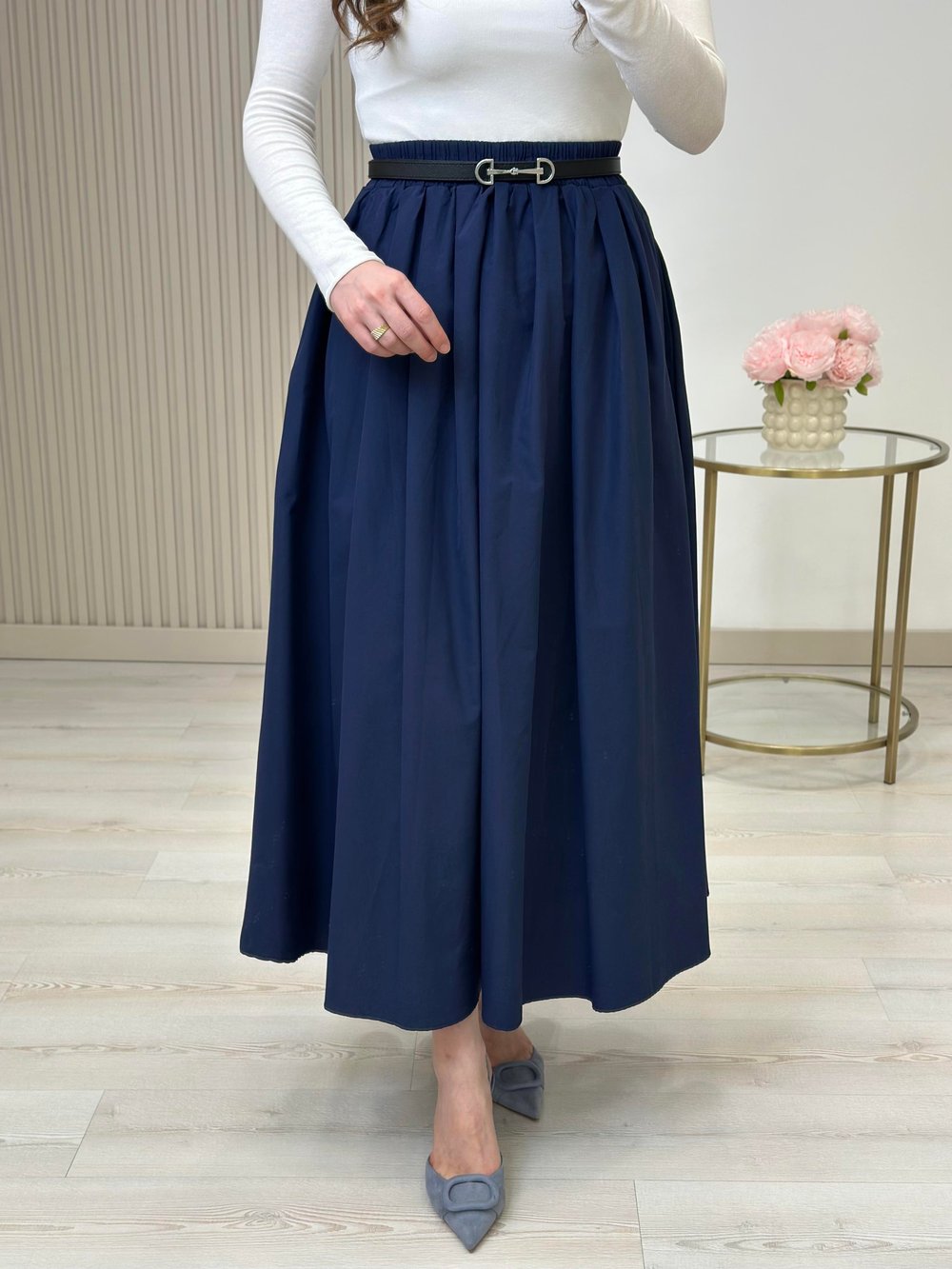 Poplin Kumaş Uzun Cepli Etek Lacivert