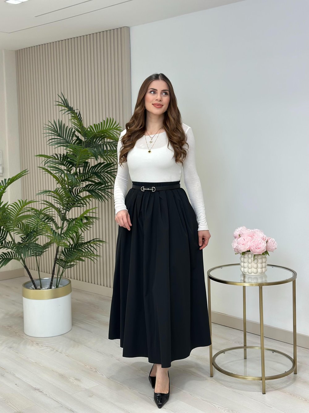 Poplin Kumaş Uzun Cepli Etek Siyah