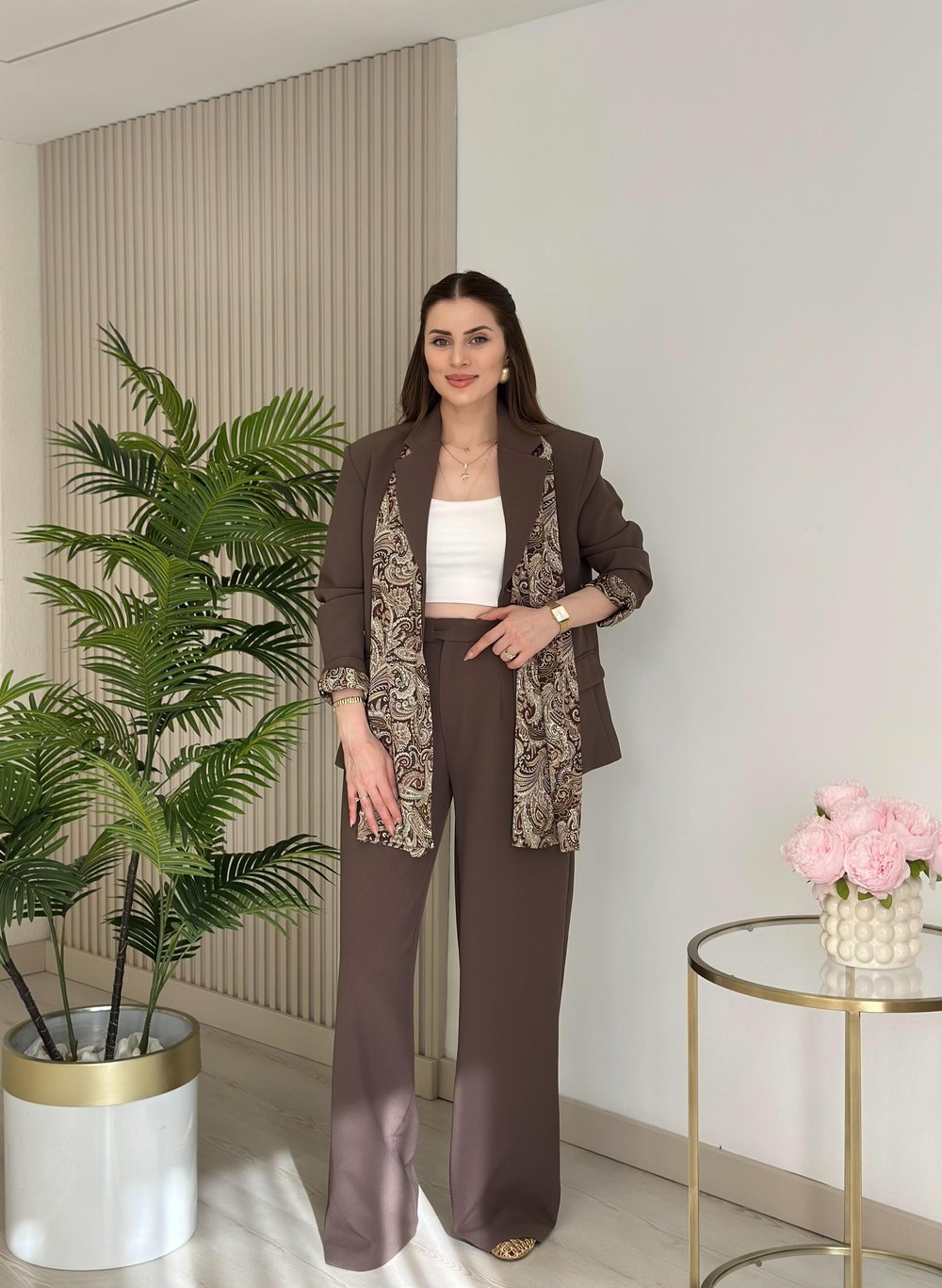 Premium Seri Double Atlas Kumaş Şal Aksesuarlı Takım Kahve