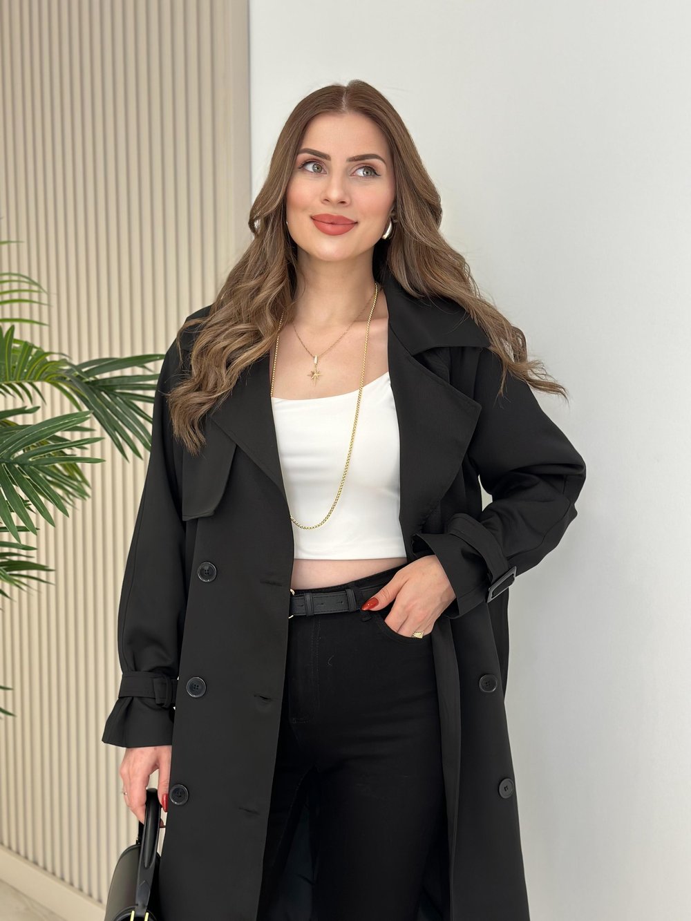 Premium Seri Kuşaklı Trençkot Siyah