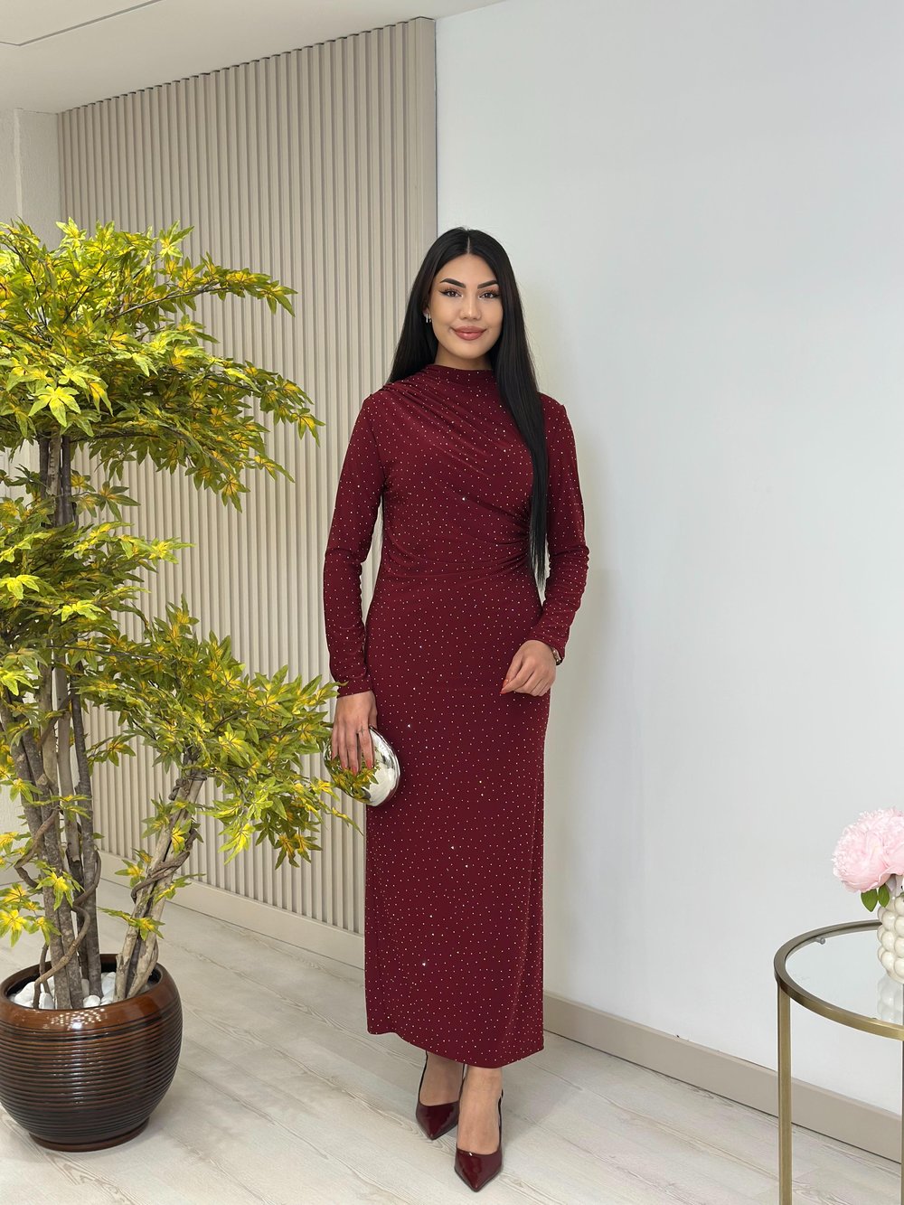 Sandy Kumaş Taşlı Drapeli Elbise Bordo