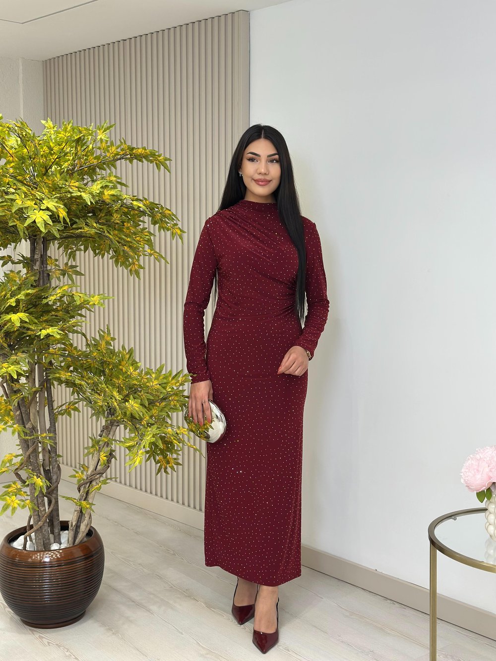 Sandy Kumaş Taşlı Drapeli Elbise Bordo