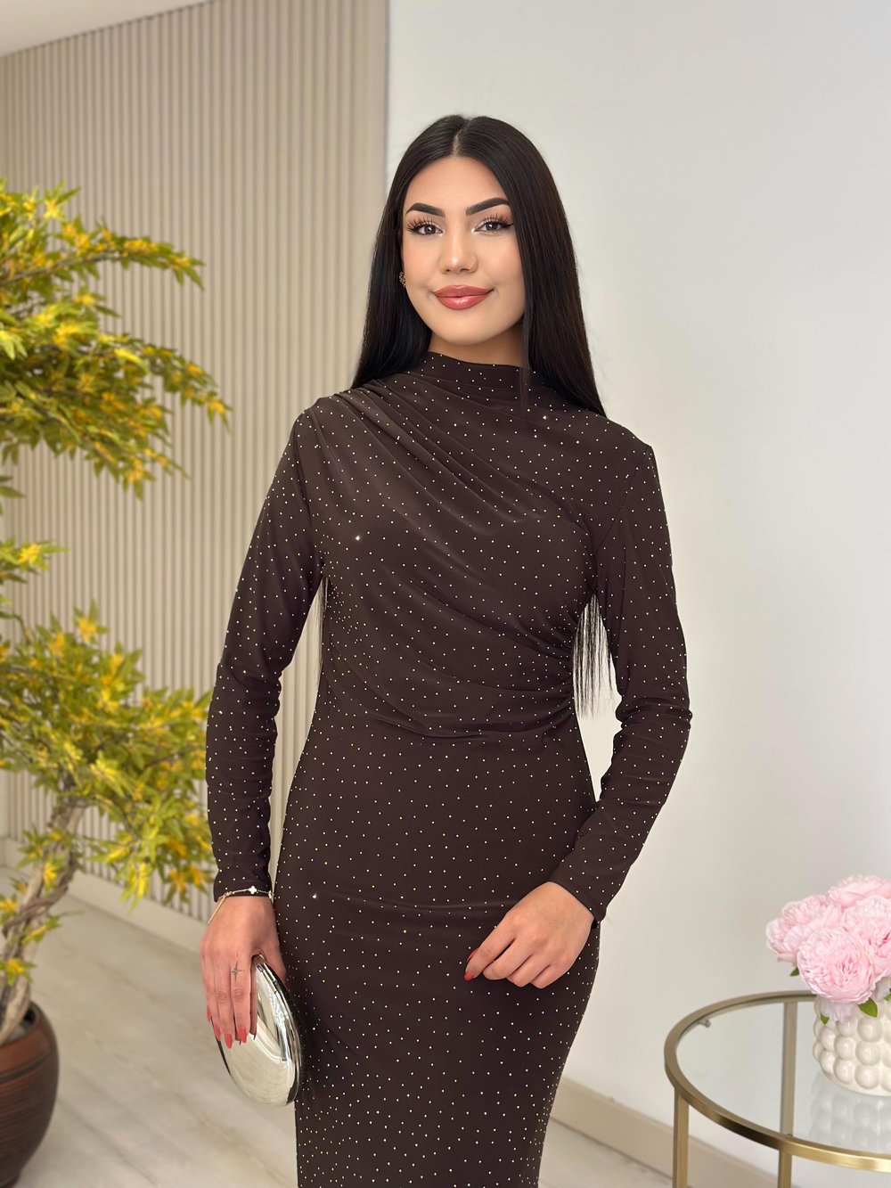 Sandy Kumaş Taşlı Drapeli Elbise Kahve