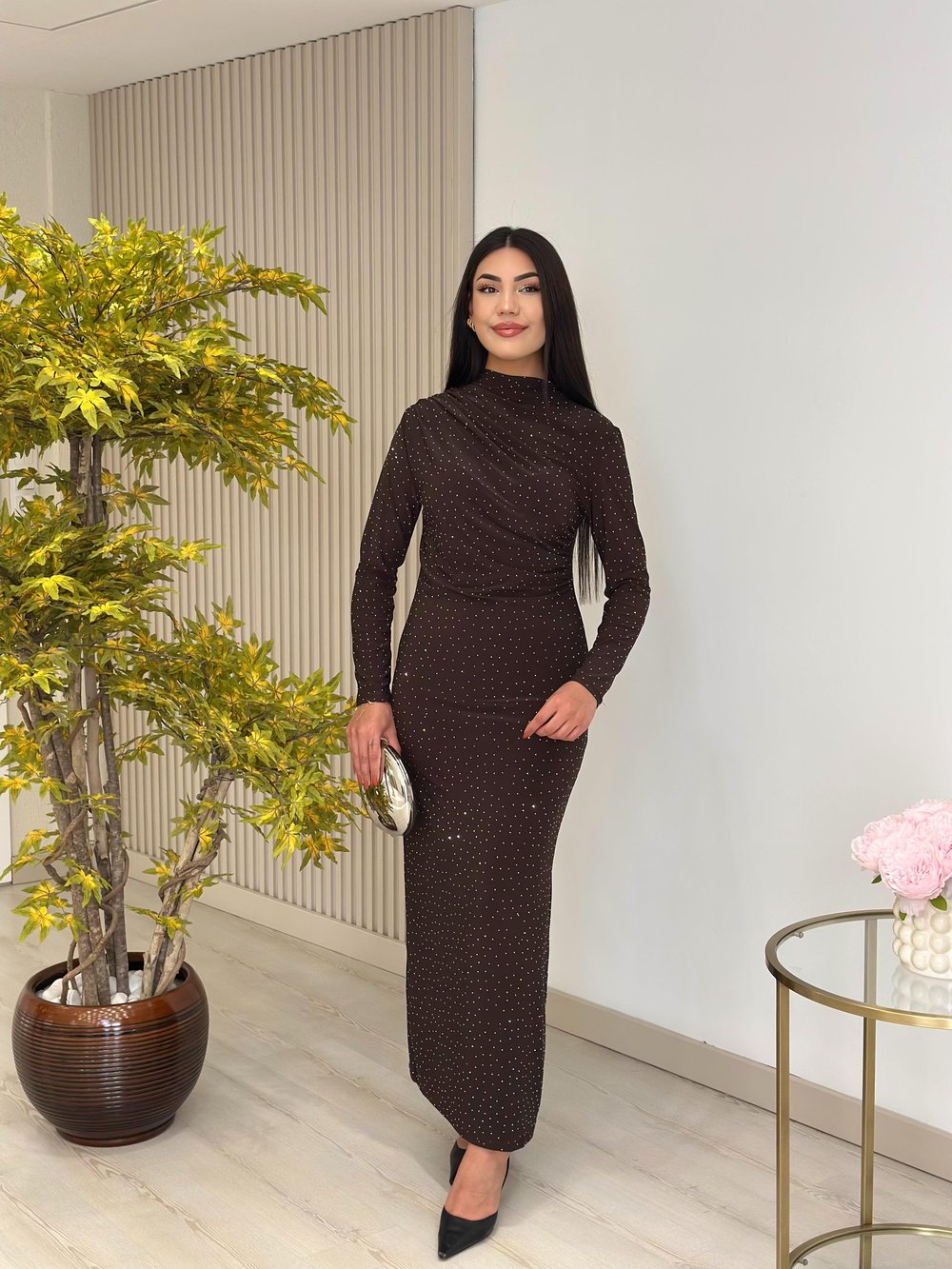 Sandy Kumaş Taşlı Drapeli Elbise Kahve