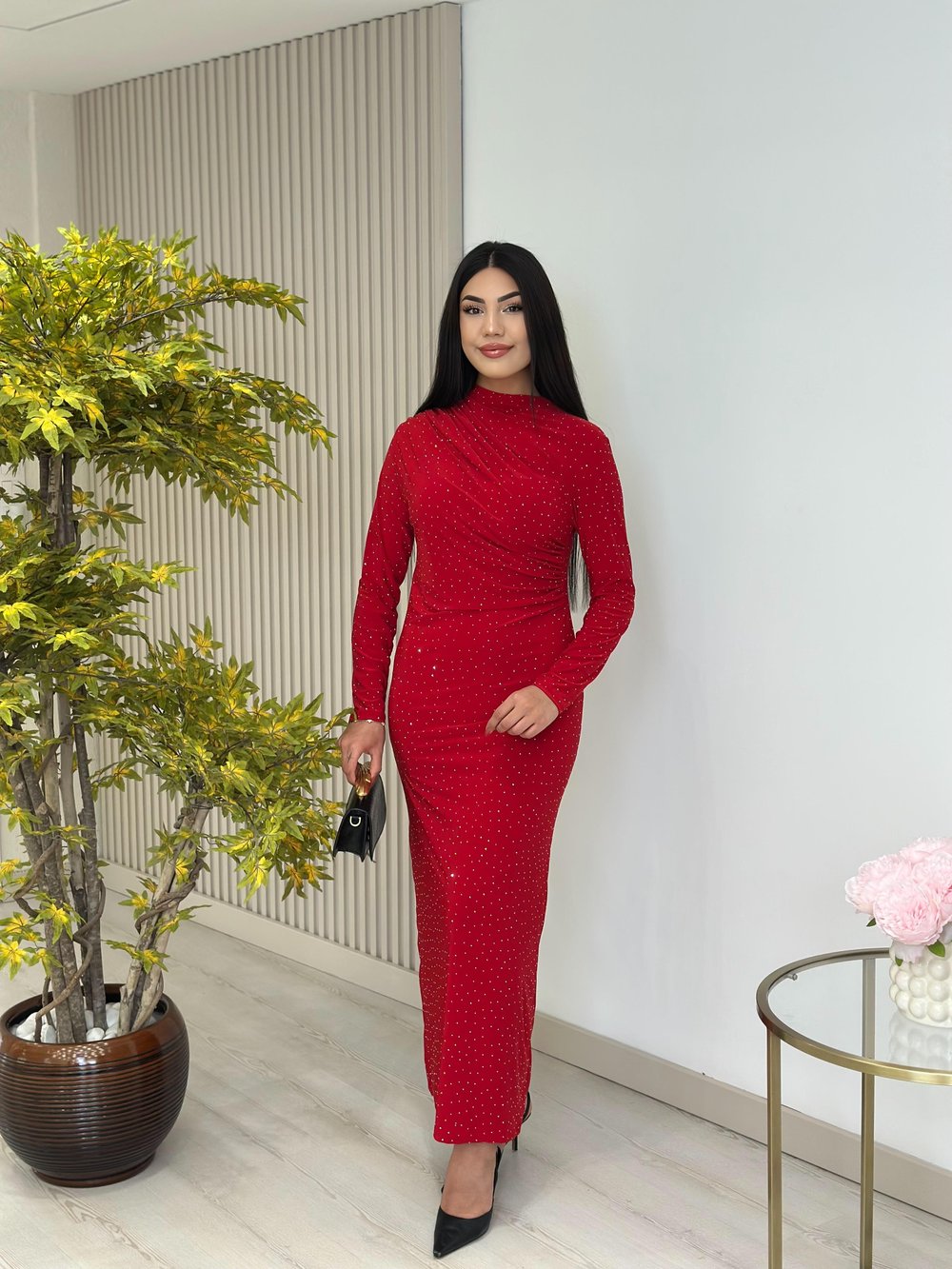 Sandy Kumaş Taşlı Drapeli Elbise Kırmızı
