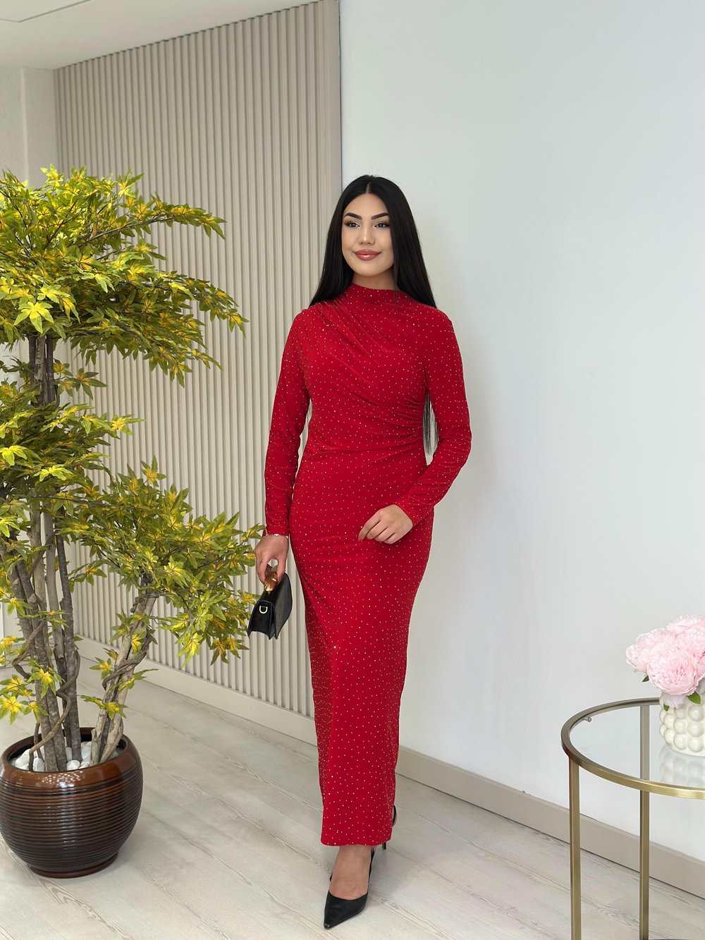 Sandy Kumaş Taşlı Drapeli Elbise Kırmızı