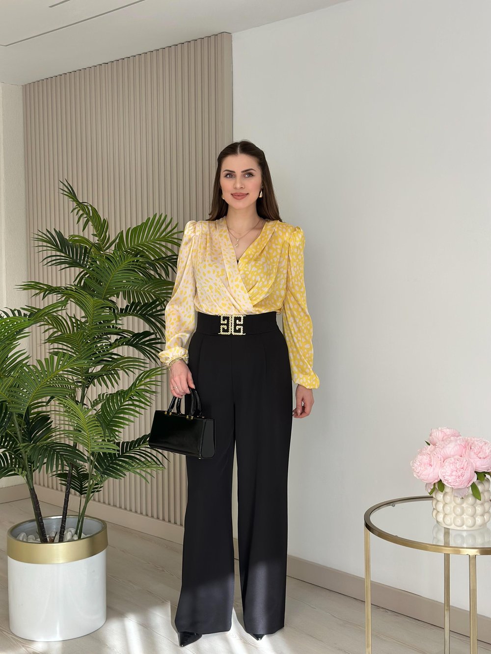 Sarı Leopar Desenli İpek Krep Bodysuit