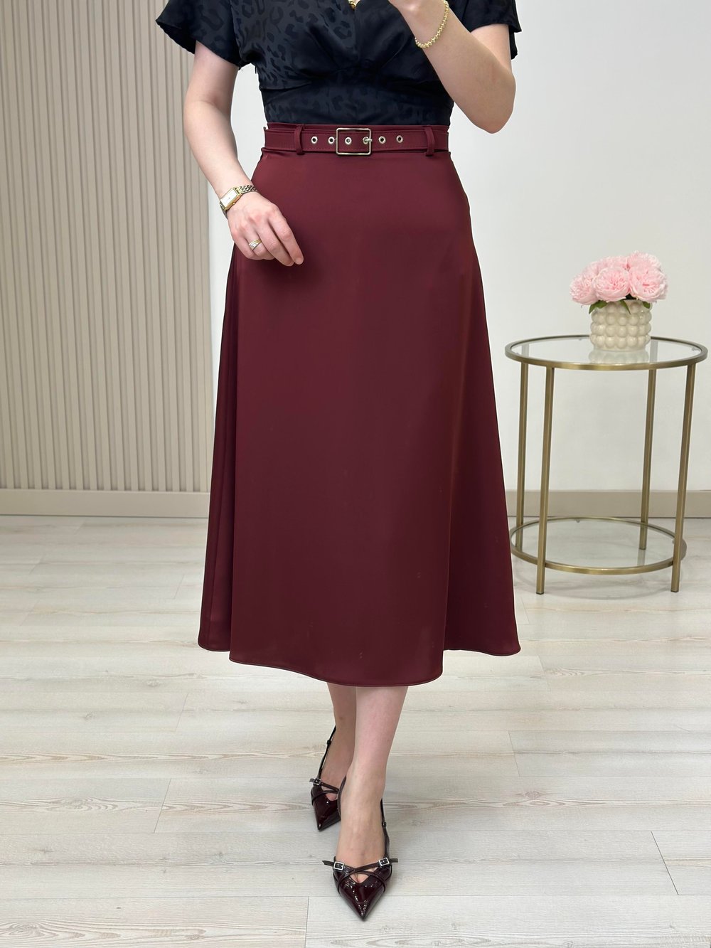 Saten Kemerli Midi Boy Etek Bordo