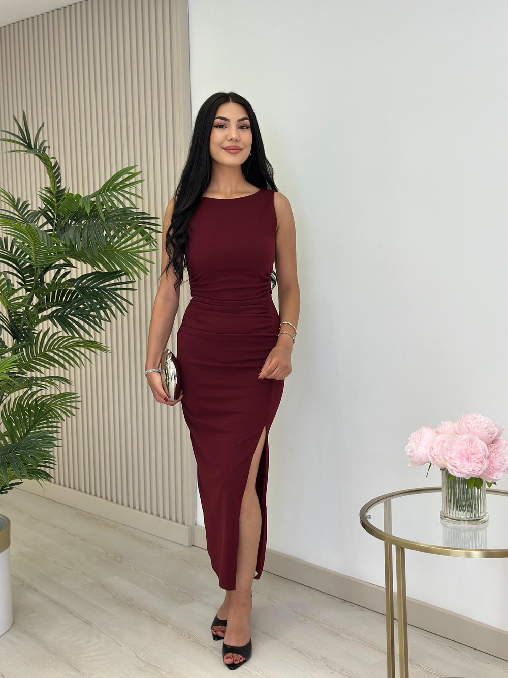 Sıfır Kol Yanları Drapeli Likralı Elbise Bordo