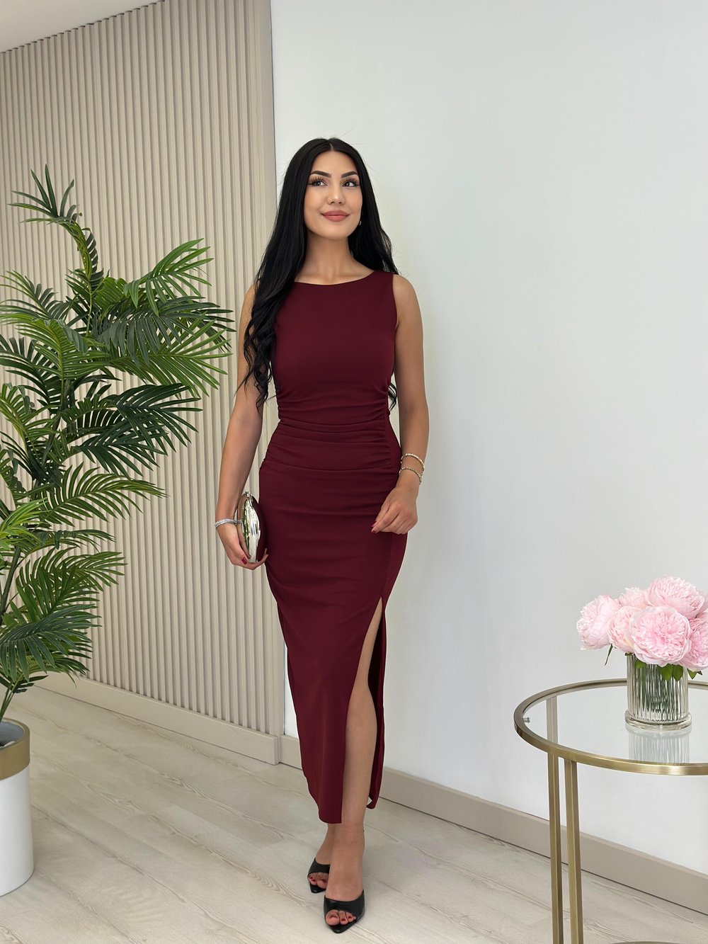 Sıfır Kol Yanları Drapeli Likralı Elbise Bordo