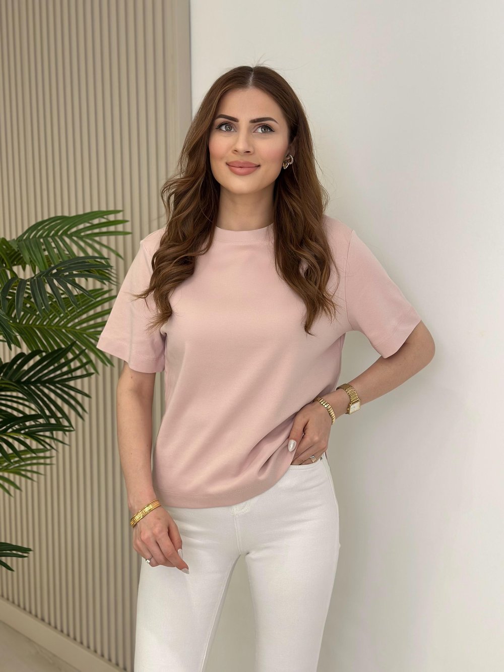 Sıfır Yaka Basıc Tshirt Pudra