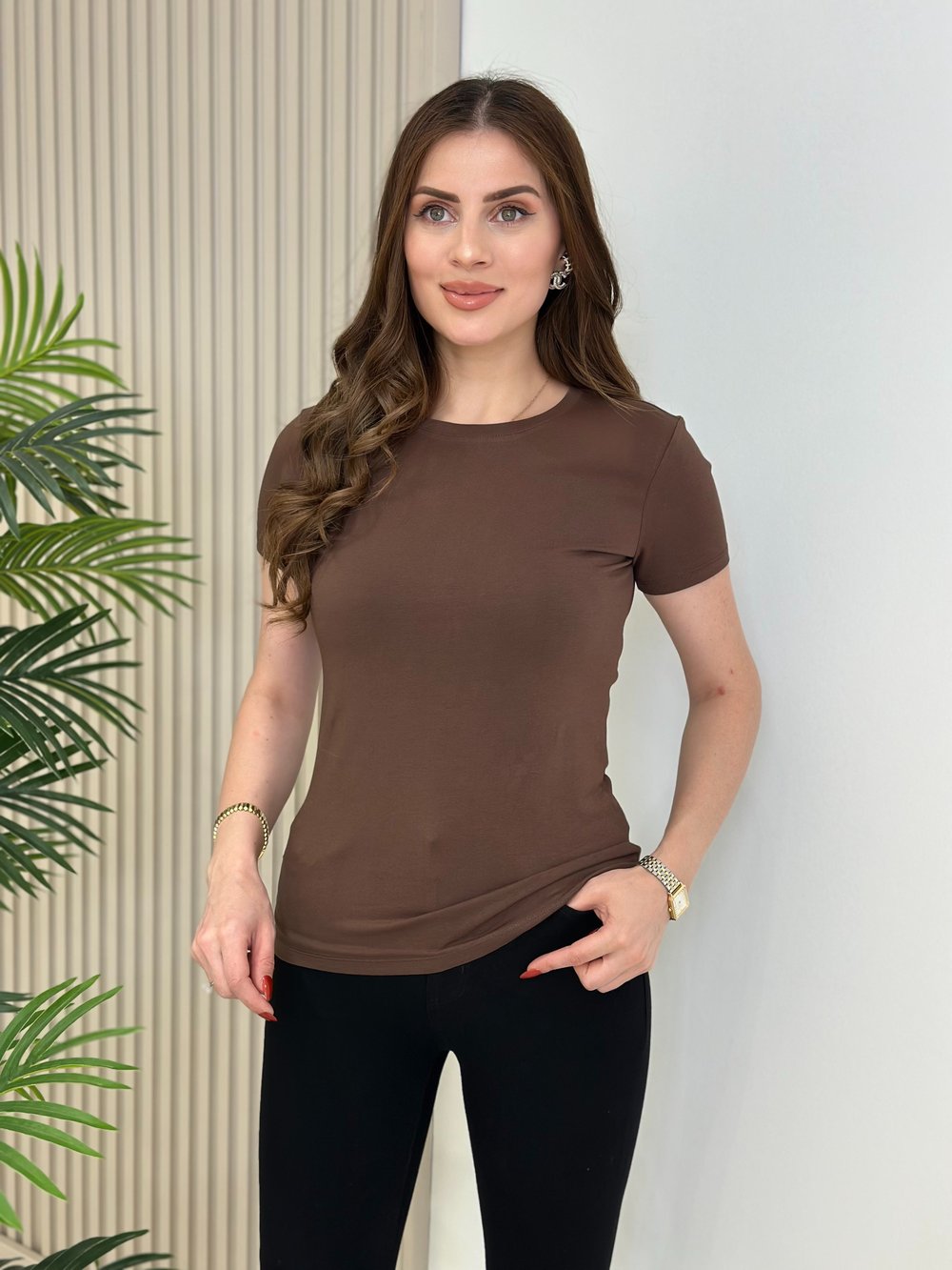 Sıfır Yaka Kısa Kollu Likralı Tshirt Kahve