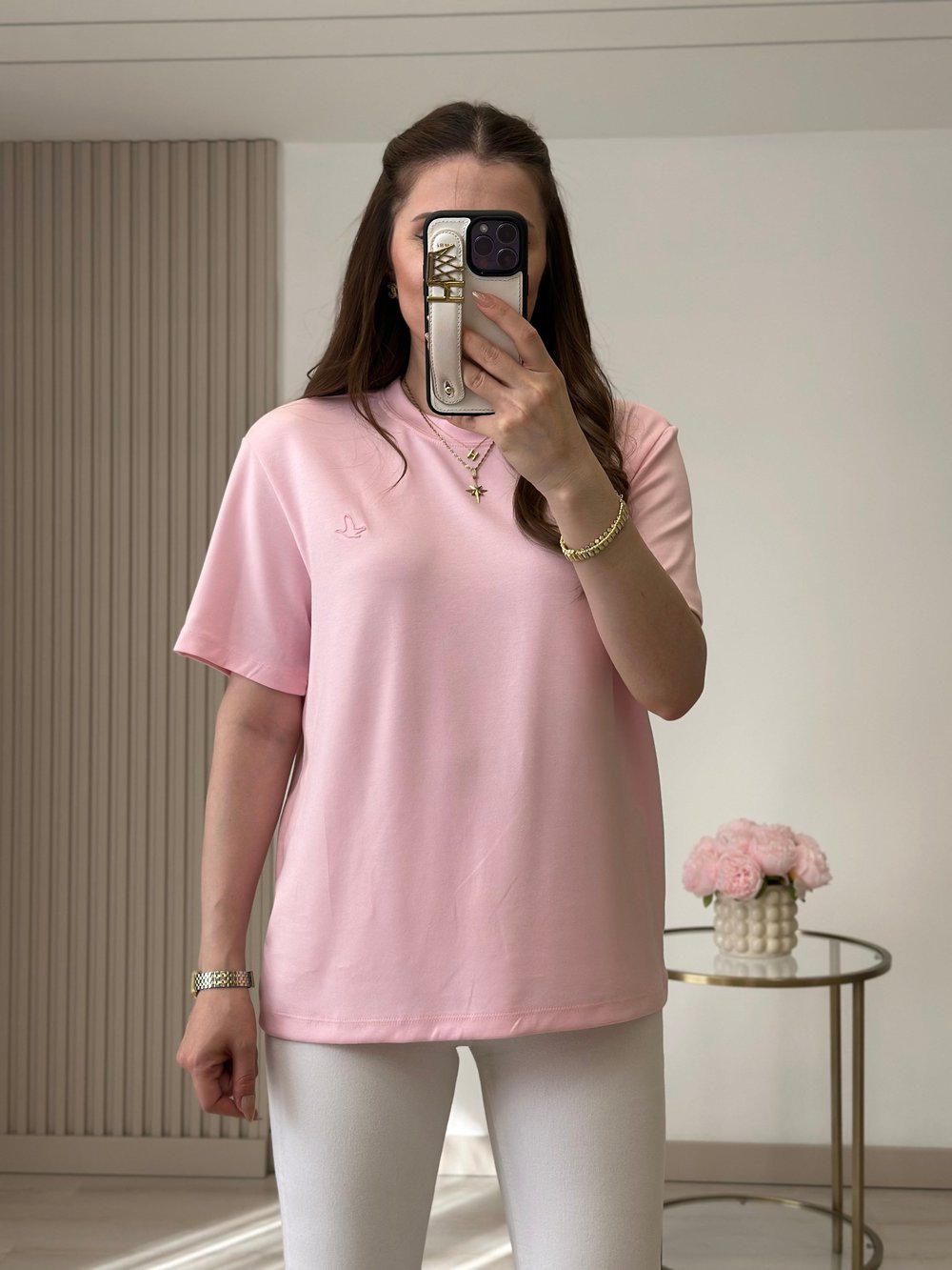 Sıfır Yaka Kuş Detaylı Tshirt Pembe