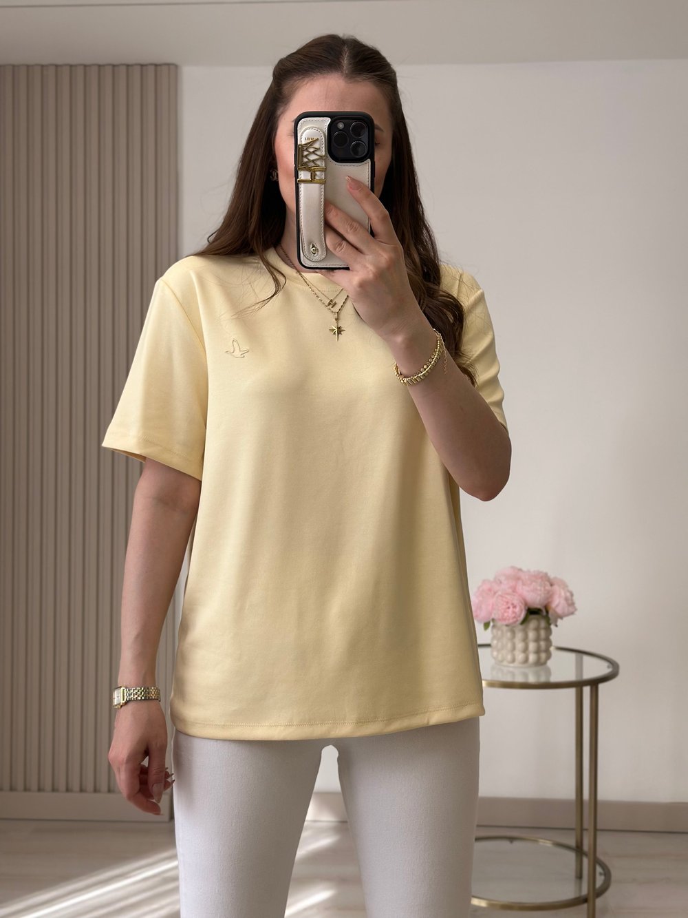 Sıfır Yaka Kuş Detaylı Tshirt Sarı