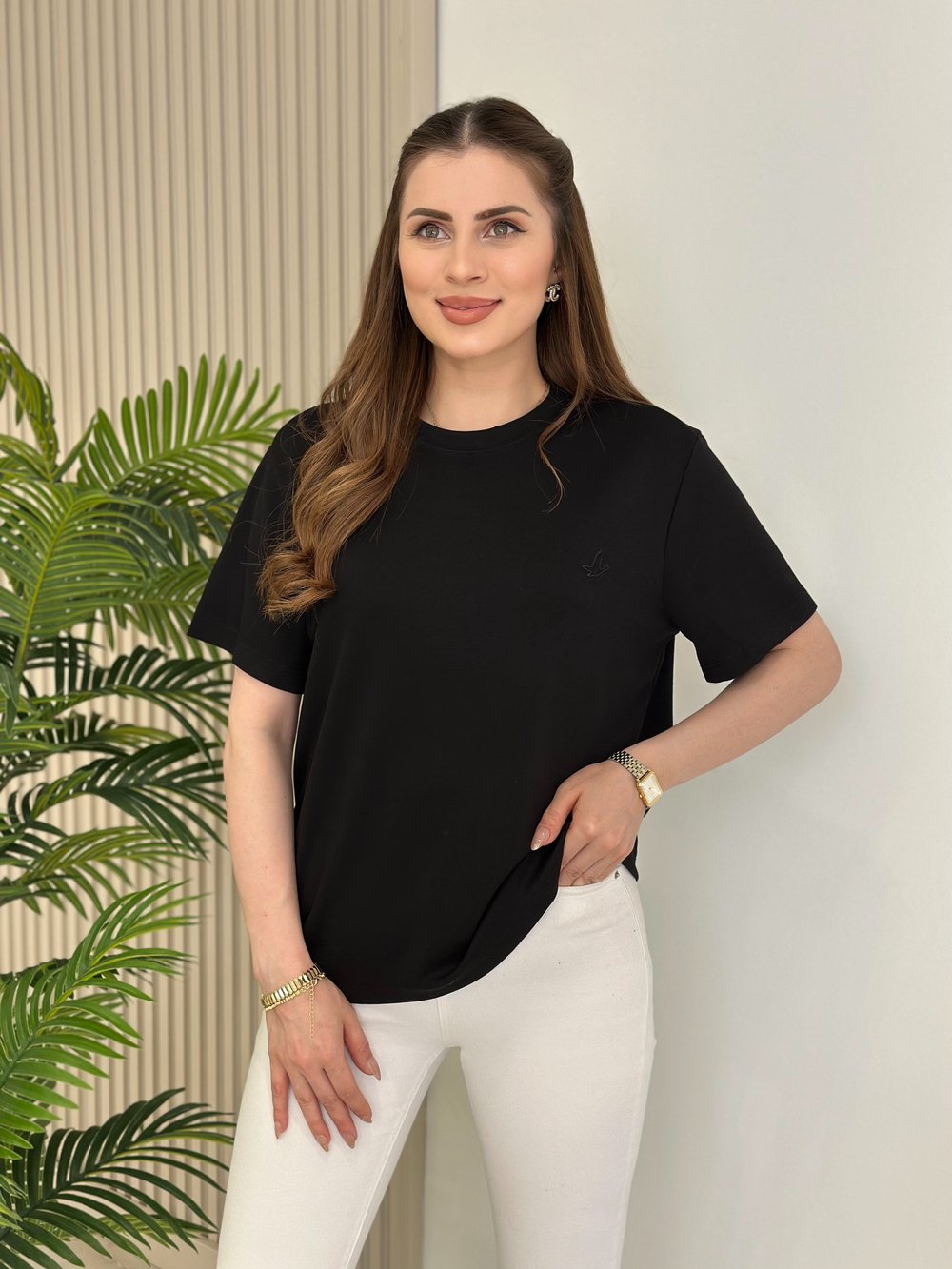 Sıfır Yaka Kuş Detaylı Tshirt Siyah