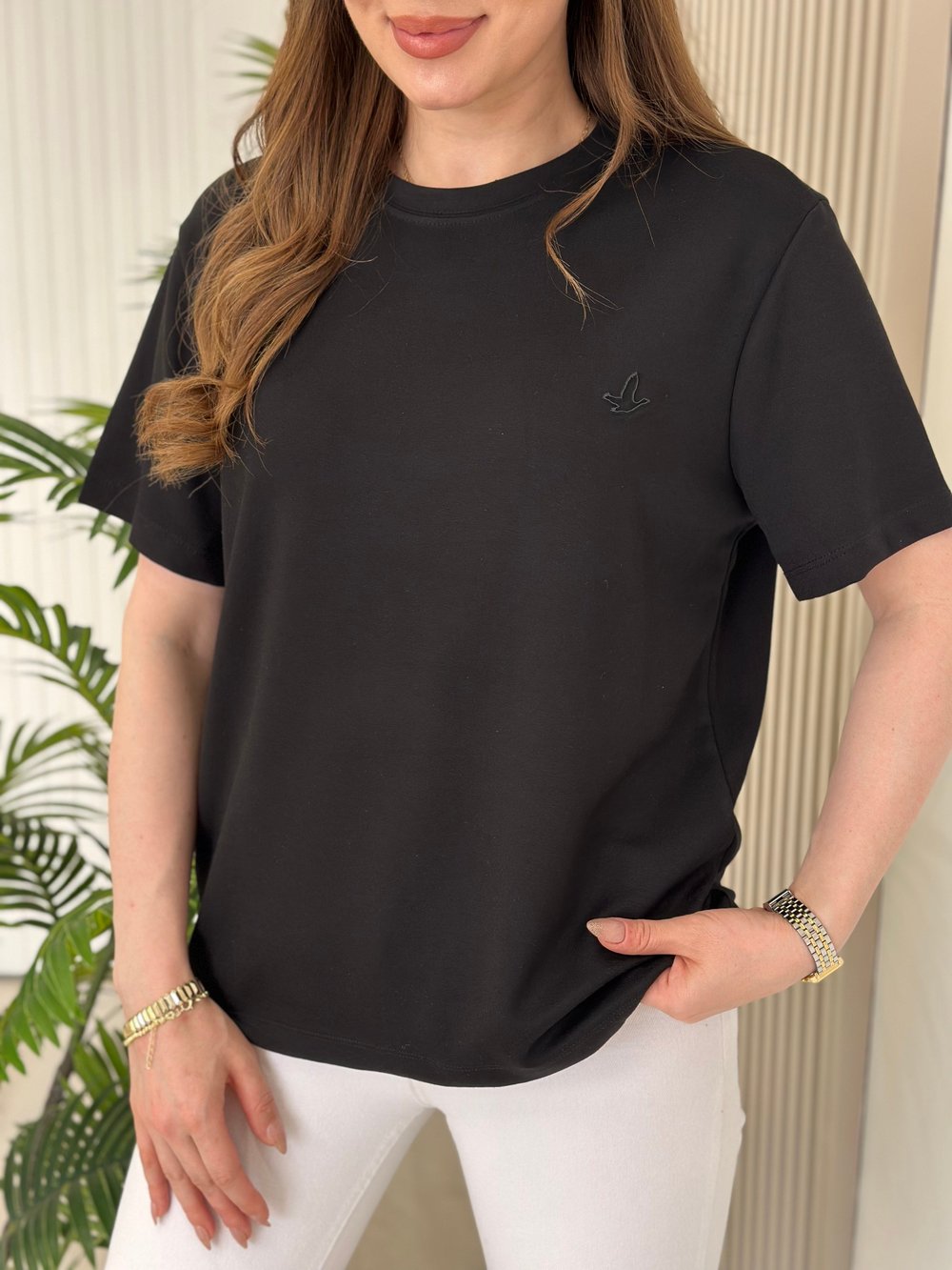 Sıfır Yaka Kuş Detaylı Tshirt Siyah