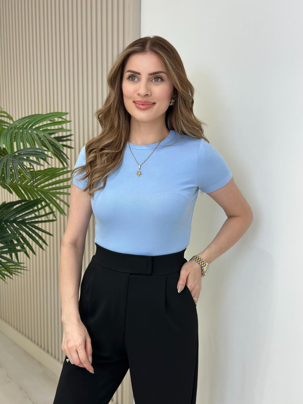 Sıfır Yaka Likralı Kısa Kollu Basıc Mavi