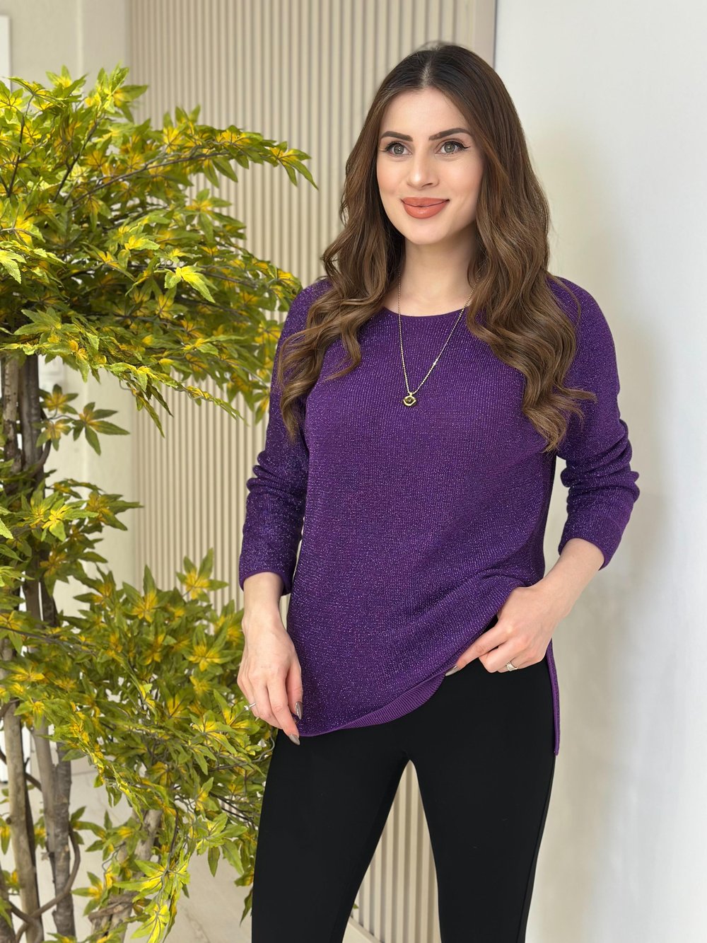 Simli Yanları Yırtmaçlı Triko Mor