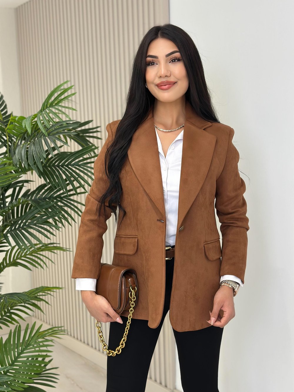 Süet Oversıze Astarlı Tek Düğme Ceket Taba