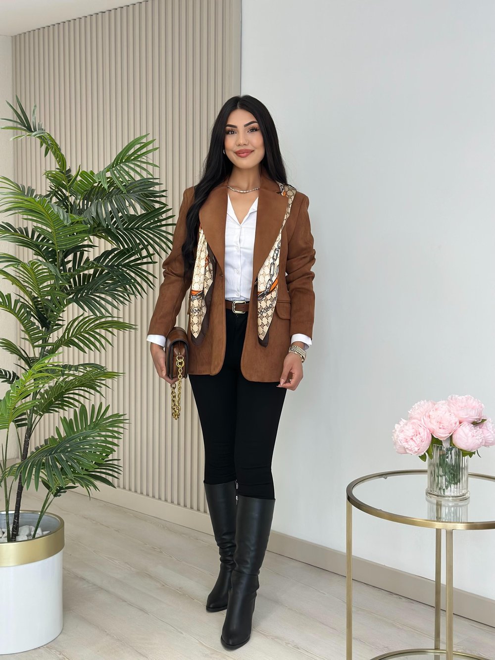 Süet Oversıze Astarlı Tek Düğme Ceket Taba