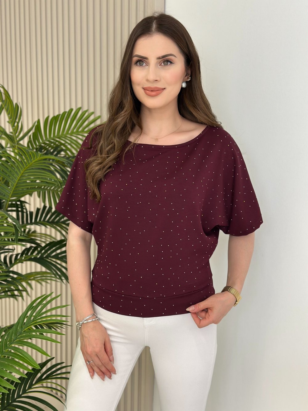 Taşlı Kayık Yaka Modal Kumaş Bluz Bordo