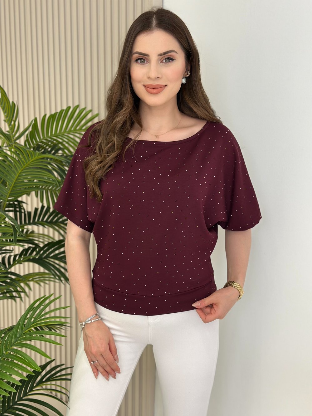 Taşlı Kayık Yaka Modal Kumaş Bluz Bordo