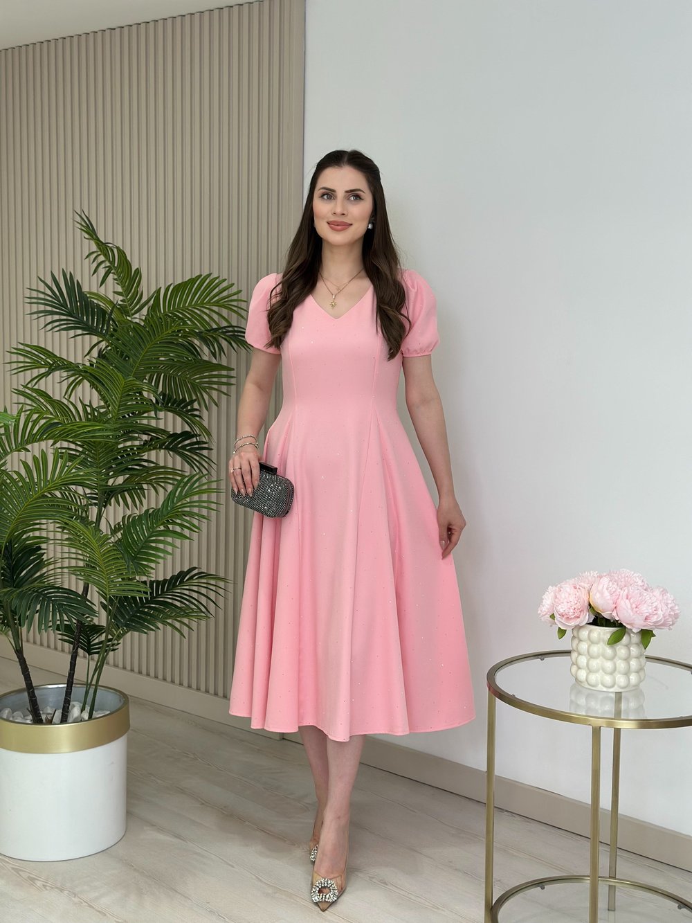 Taşlı Kloş V Yaka Elbise Pembe