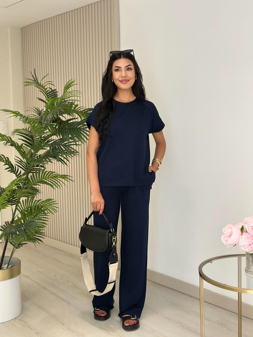 Taşlı Modal Kumaş Takım Lacivert 