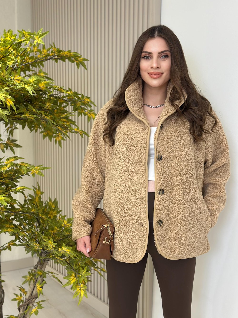 Teddy Önü Düğmeli Dik Yaka Mont Camel