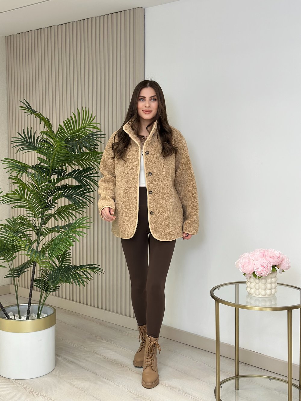 Teddy Önü Düğmeli Dik Yaka Mont Camel