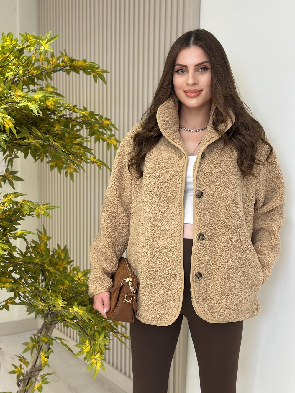 Teddy Önü Düğmeli Dik Yaka Mont Camel