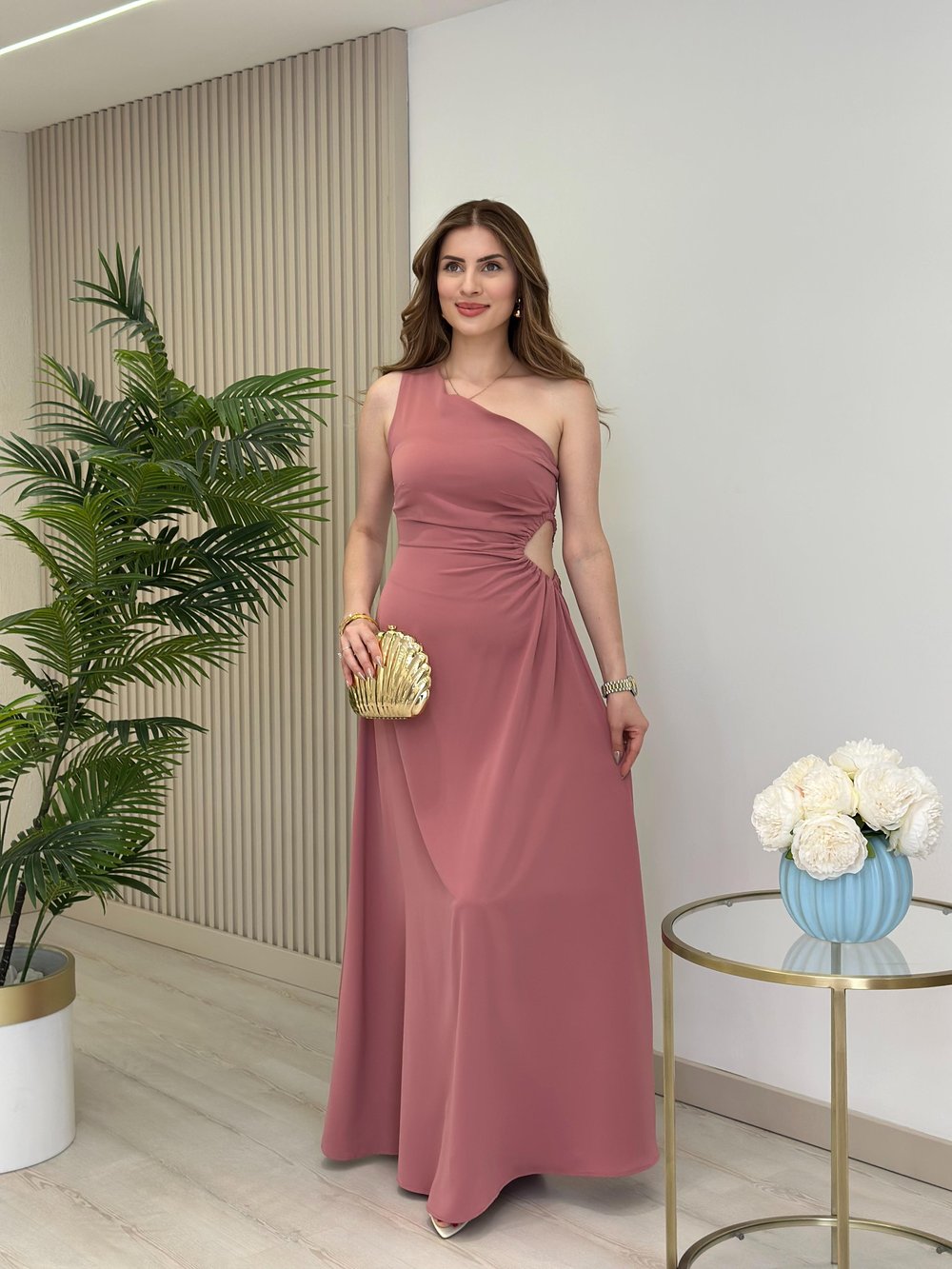 Tek Omuz Bel Dekolteli Elbise Gül Kurusu