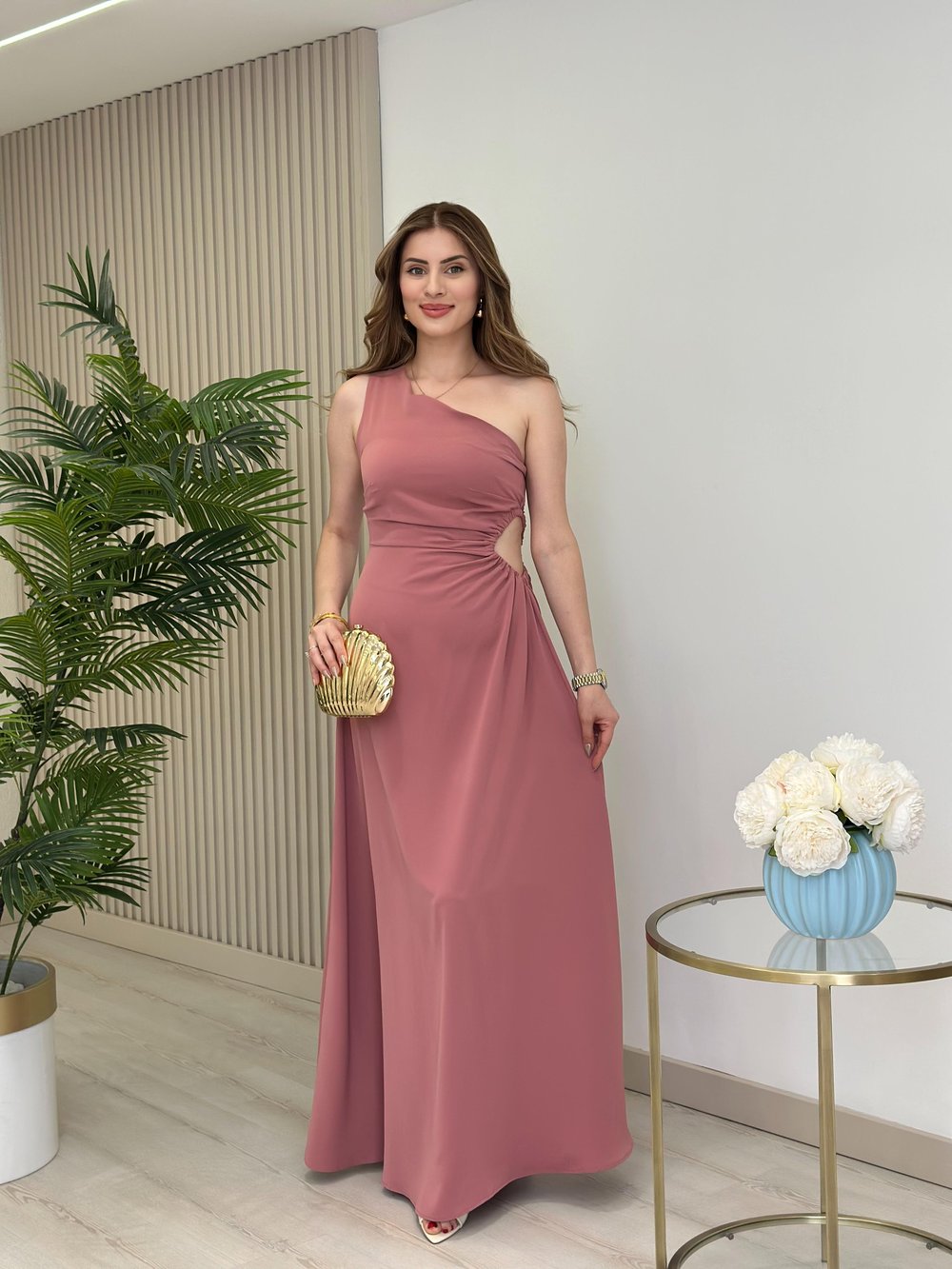 Tek Omuz Bel Dekolteli Elbise Gül Kurusu