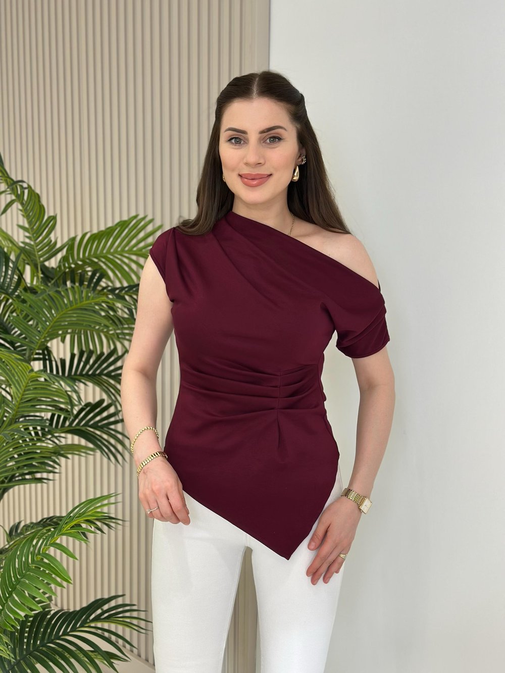 Tek Omzu Dekolteli Beli Drapeli Bluz Mürdüm