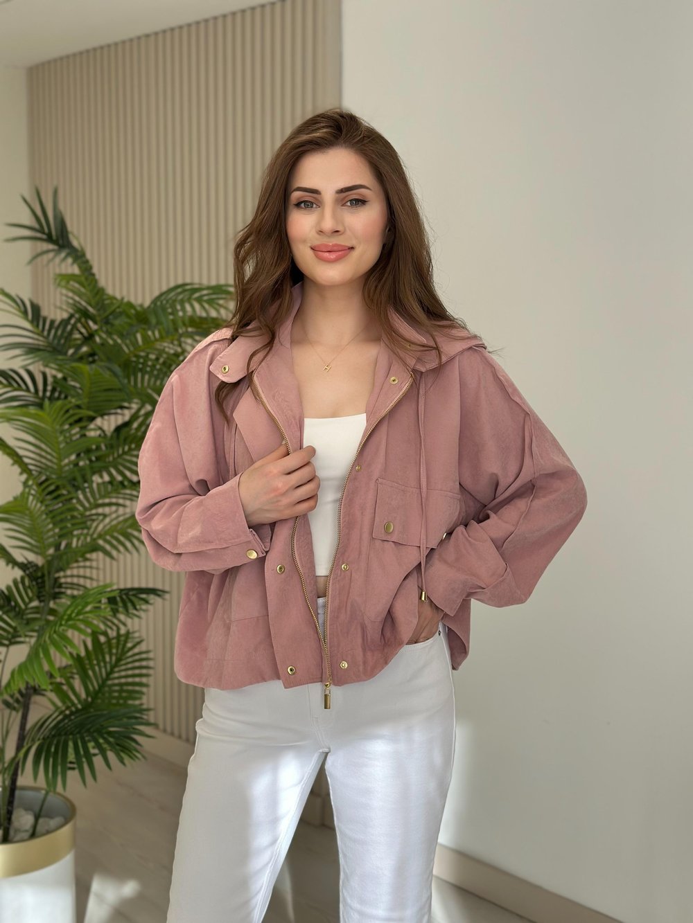 Tensel Kumaş Gold Çıtçıtlı Ceket Pudra