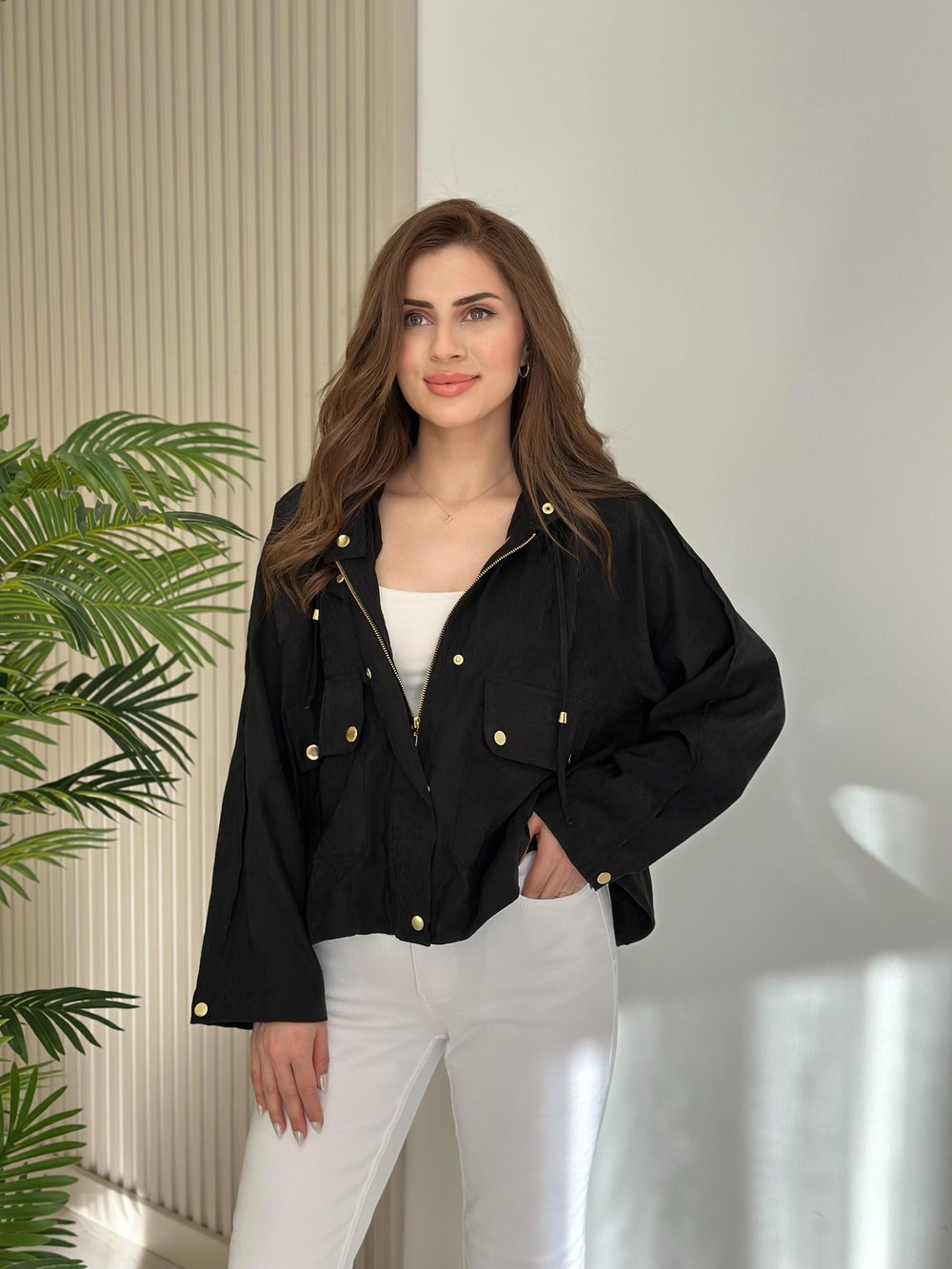 Tensel Kumaş Gold Çıtçıtlı Ceket Siyah