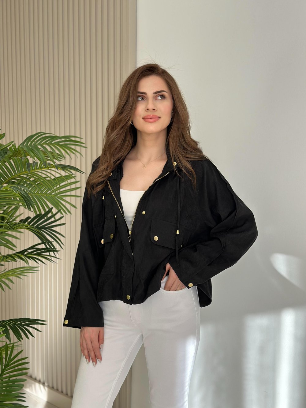Tensel Kumaş Gold Çıtçıtlı Ceket Siyah