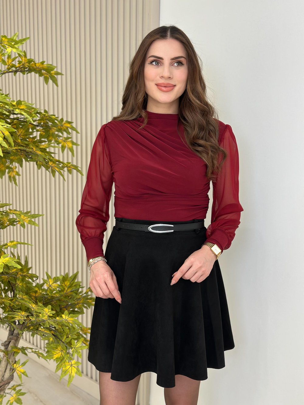 Tül Kol Drapeli Sandy Kumaş Bluz Bordo