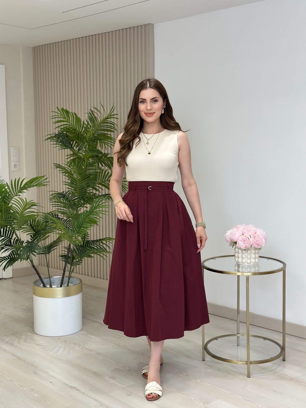 Üzeri Fitilli Penye Eteği Poplin Kumaş Elbise Bordo