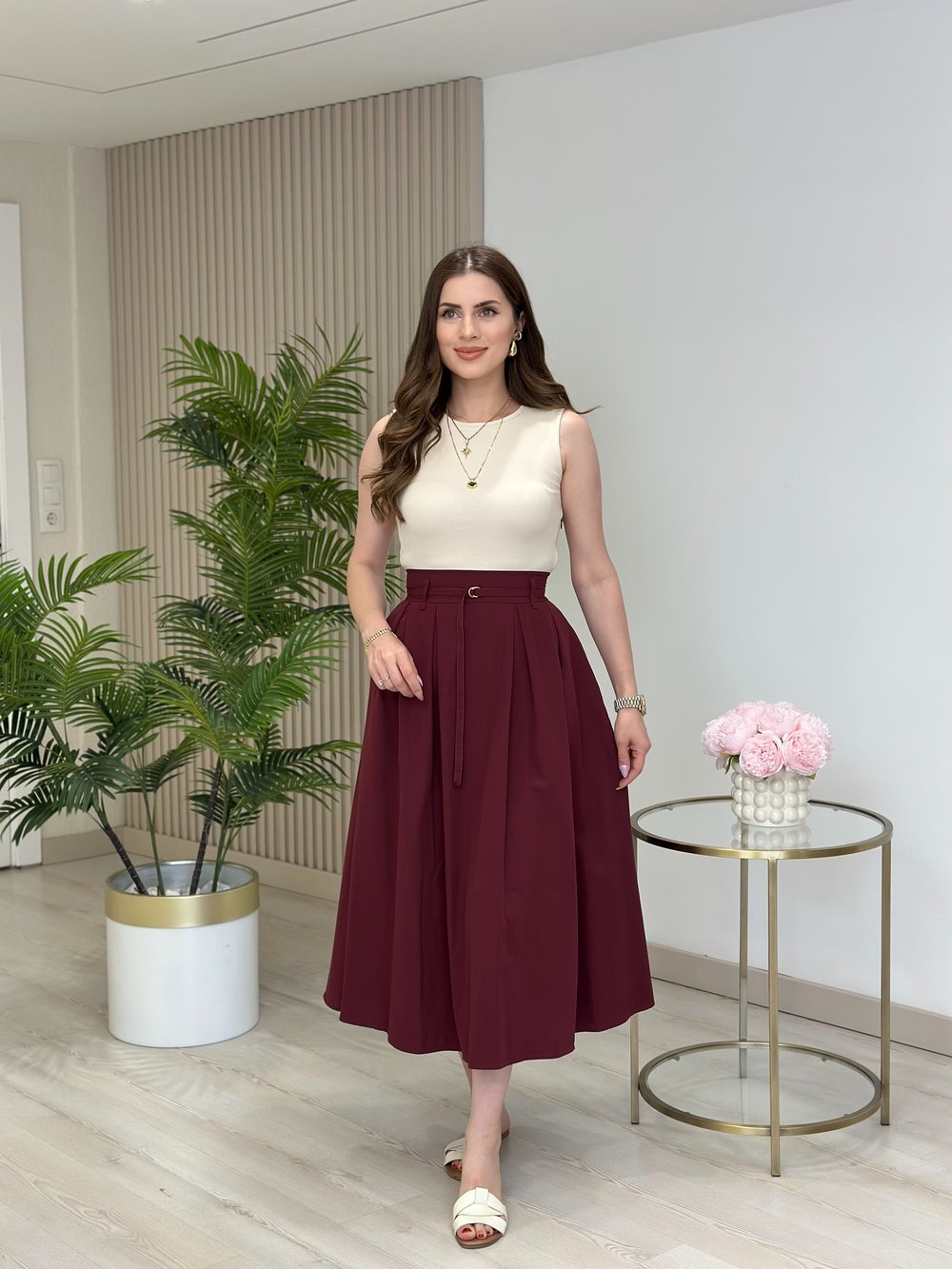 Üzeri Fitilli Penye Eteği Poplin Kumaş Elbise Bordo