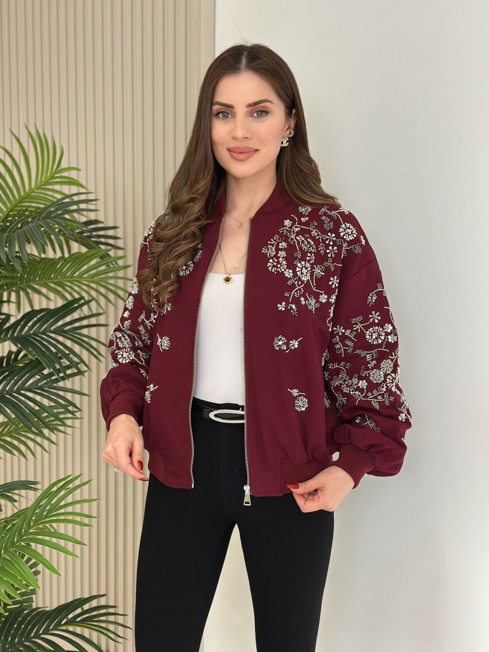Üzeri Full Taşlı İpky Model Bomber Mont Bordo