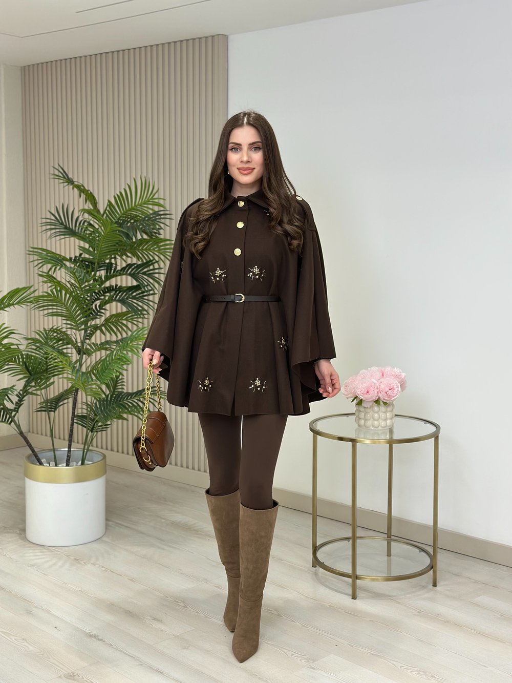 Üzeri İşleme Detaylı Kemerli Premium Seri Kaşe Panço Kahve