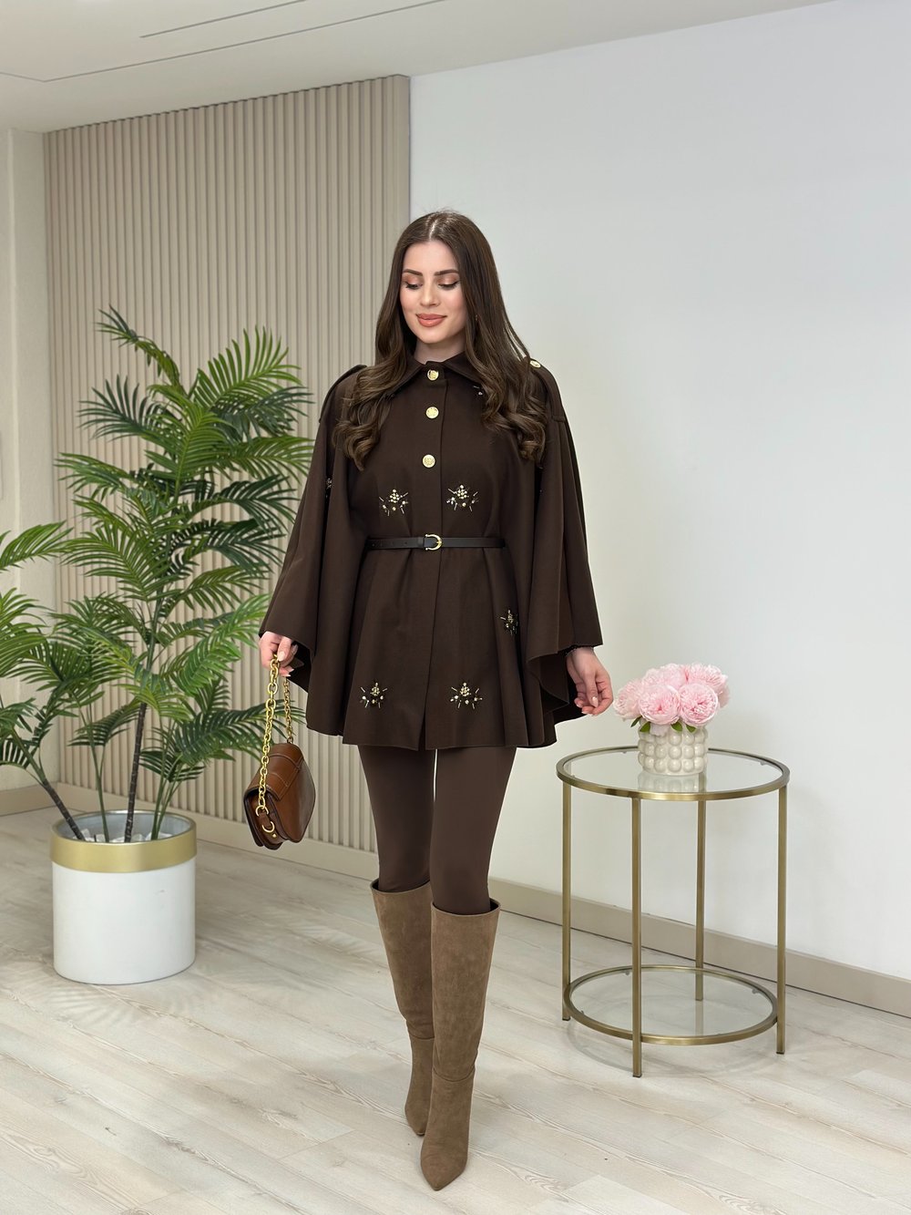 Üzeri İşleme Detaylı Kemerli Premium Seri Kaşe Panço Kahve