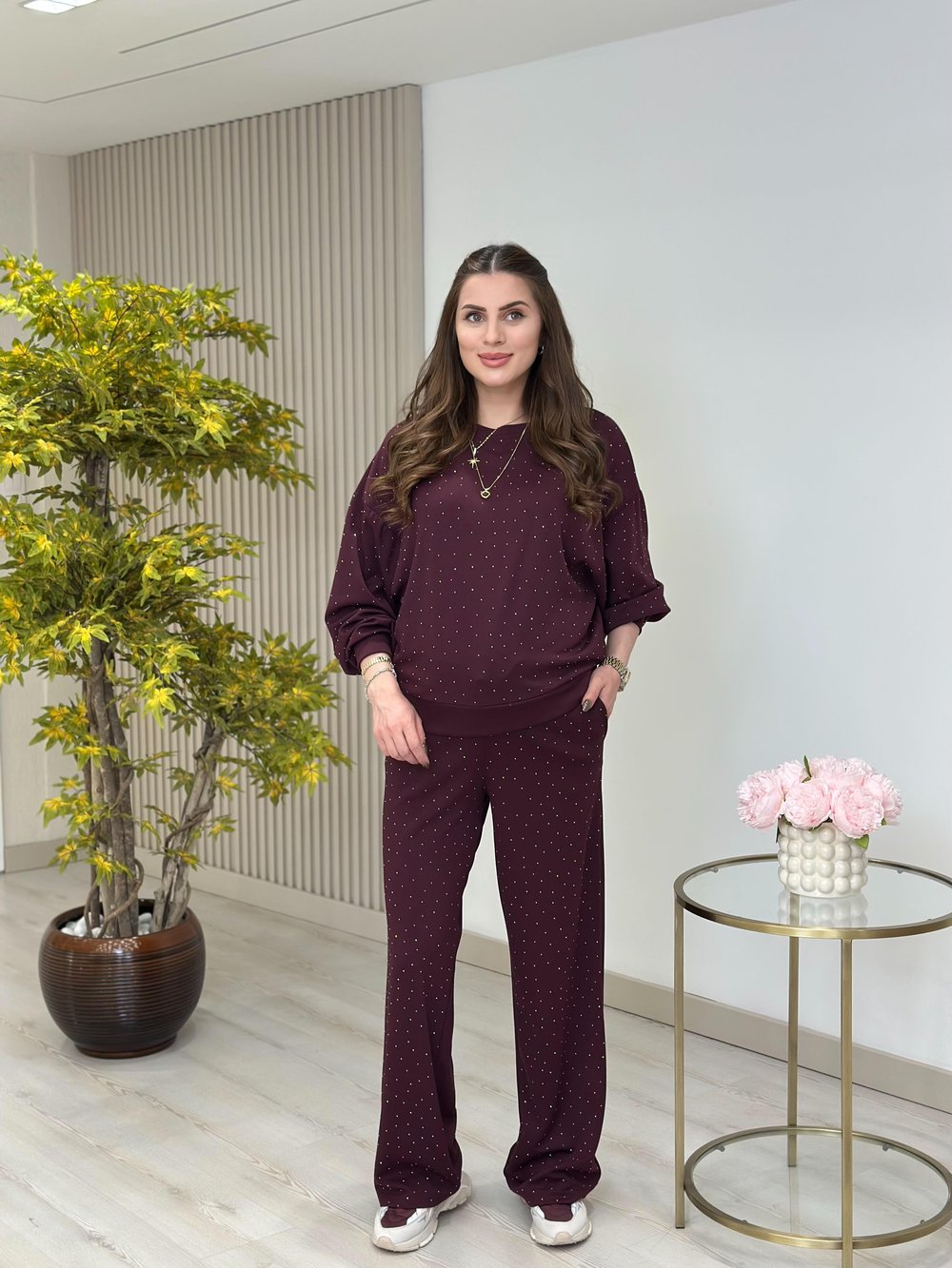 Üzeri Taşlı Tok Dokulu İthal Modal Kumaş Takım Bordo