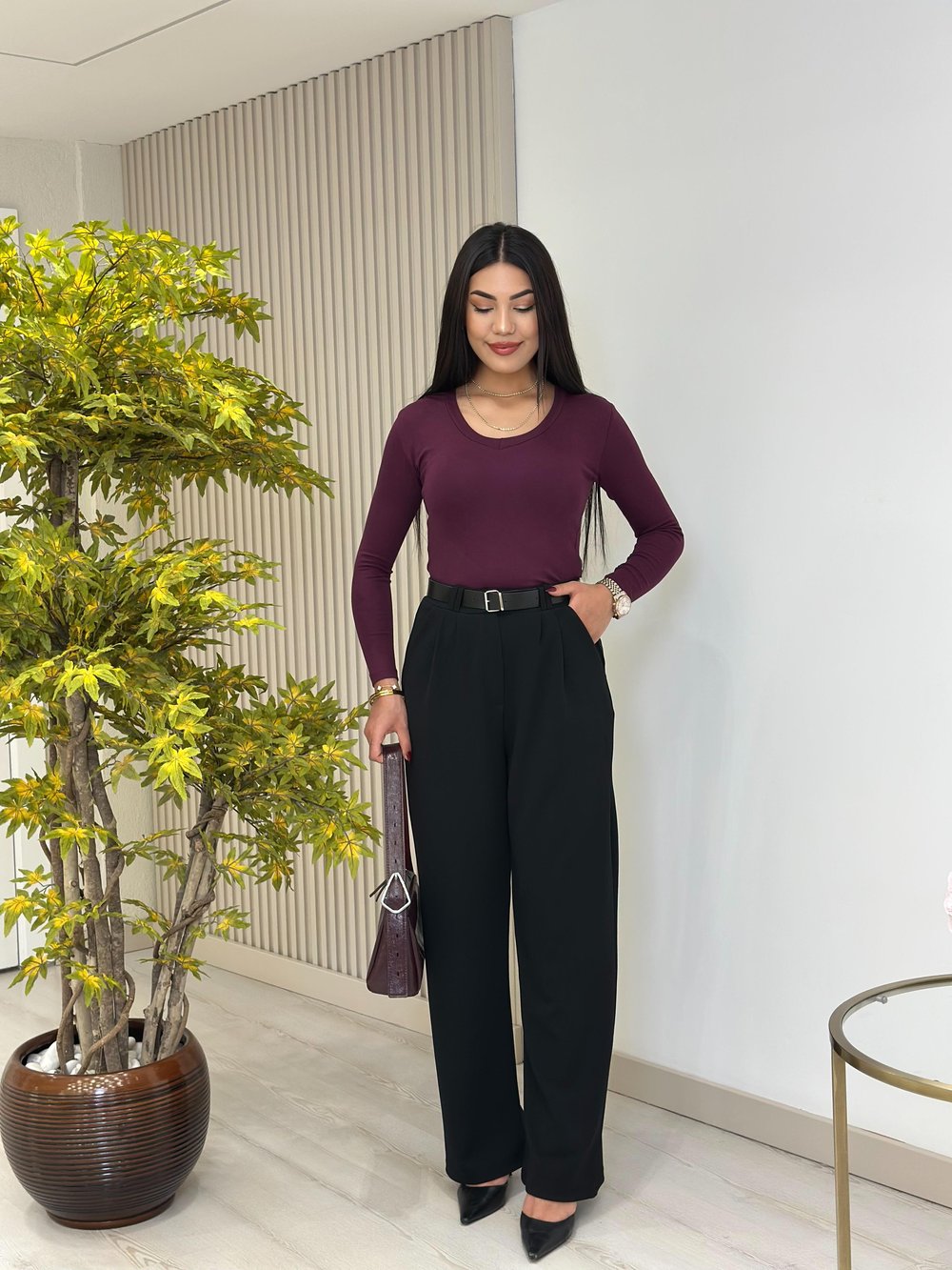 V Yaka Basıc Bluz Mürdüm